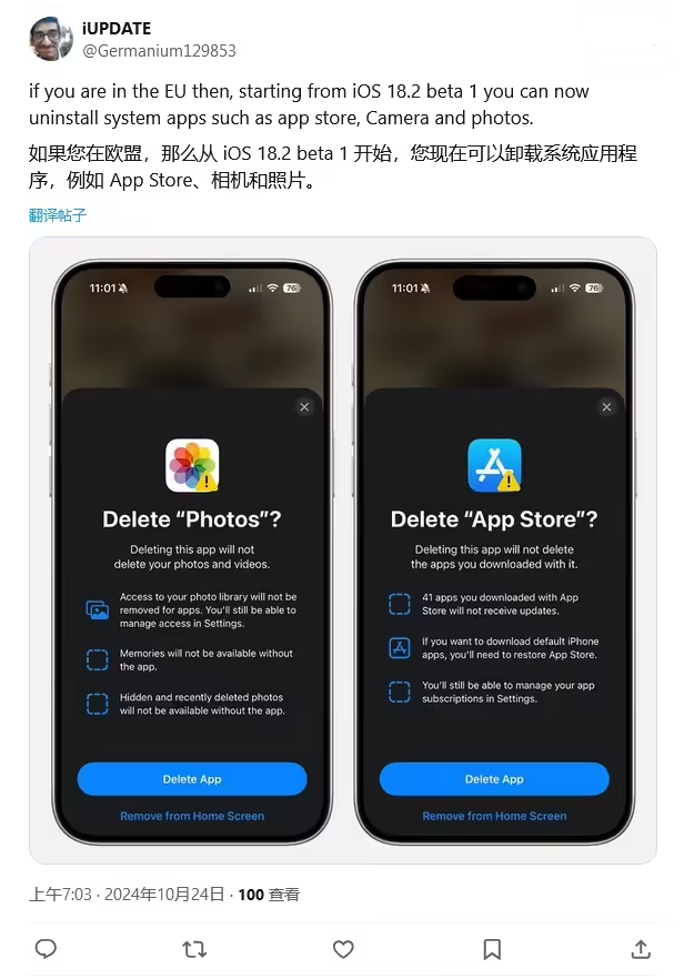 南沙苹果手机维修分享iOS 18.2 支持删除 App Store 应用商店 