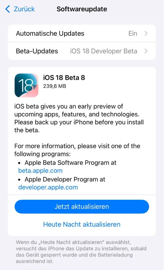 南沙苹果手机维修分享苹果 iOS / iPadOS 18 开发者预览版 Beta 8 发布 